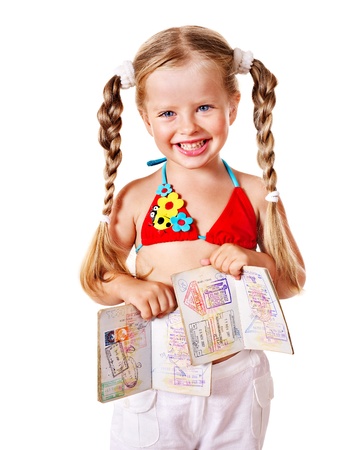 Little girl holding international passport. Isolated.の写真素材