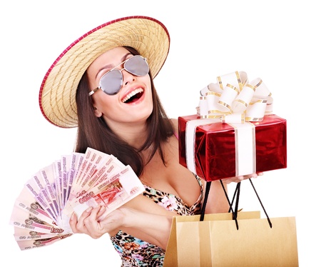 Woman with  money Russian rouble , gift box and shopping bag.の写真素材