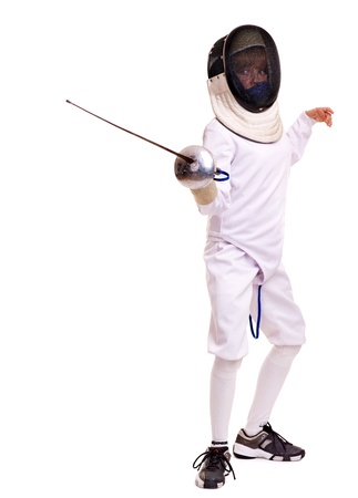 Child epee fencing lunge. Isolated.の写真素材