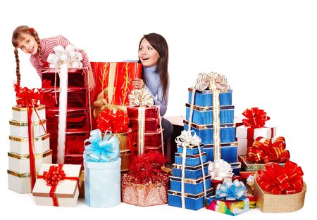 Happy woman with group gift box. Isolated.の写真素材