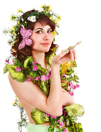 Girl in spring hairstyle and makeup holding flower.の写真素材