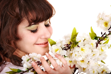 Beautiful woman with spring flower.の写真素材