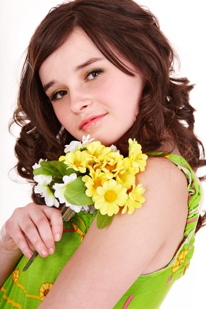Beautiful woman with spring wild flower.の写真素材