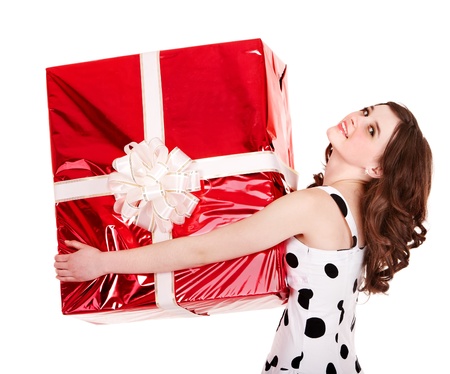 Woman with big red gift box. Isolated.の写真素材