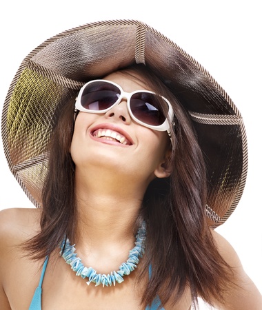 Girl in bikini and sunglasses on beach. Isolated.の写真素材
