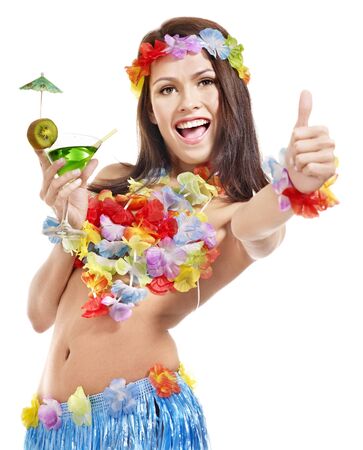 Woman in hawaii costume drink  juice. Isolated.の写真素材