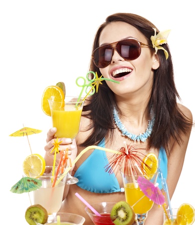 Girl in bikini on beach drinking cocktail. Isolated.の写真素材