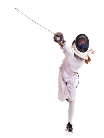 Child epee fencing lunge. Isolated.の写真素材