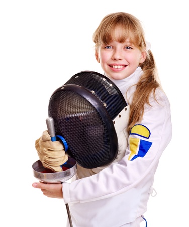 Child in fencing costume holding epee . Isolated.の写真素材