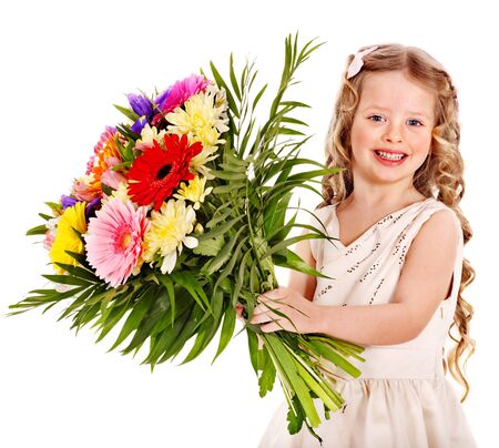 Little girl with spring flower . Isolated.の写真素材