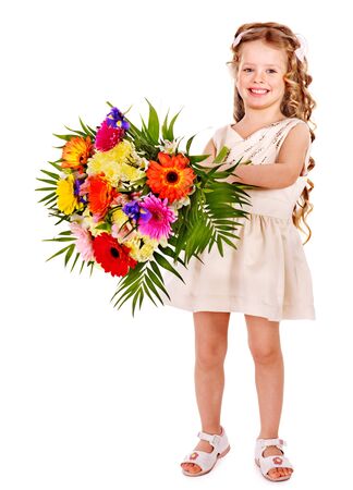 Little girl with spring flower . Isolated.の写真素材
