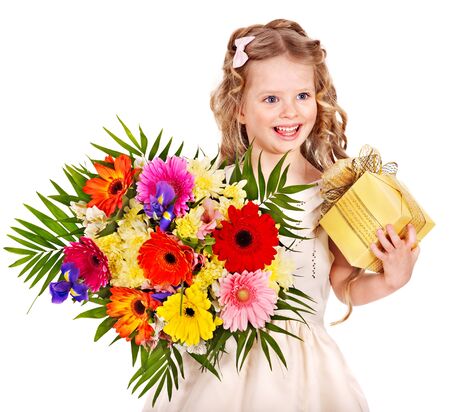 Little girl with spring flower and gift box. Isolated.の写真素材