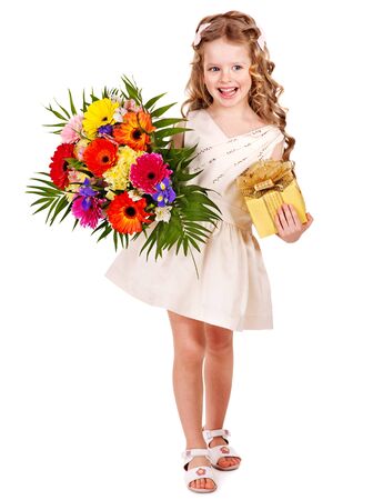 Little girl with spring flower and gift box. Isolated.の写真素材