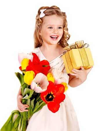 Little girl with spring flower and gift box. Isolated.の写真素材