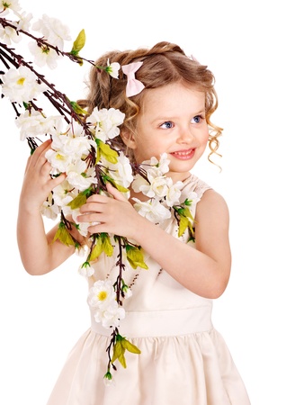 Little girl with spring flower . Isolated.の写真素材