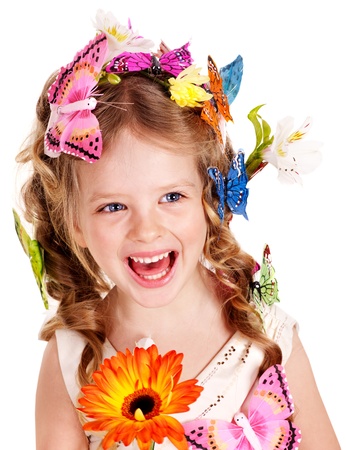 Little girl in spring hairstyle and butterfly. Isolated.の写真素材