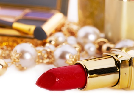 Decorative cosmetics with red lipstick.の写真素材