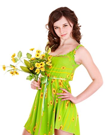Beautiful woman with spring wild flower.の写真素材