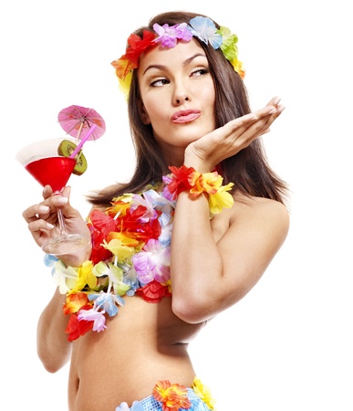 Woman in hawaii costume drink  juice. Isolated.の写真素材
