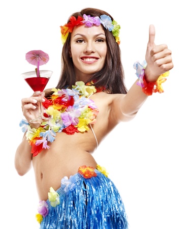 Woman in hawaii costume drink  juice. Isolated.の写真素材