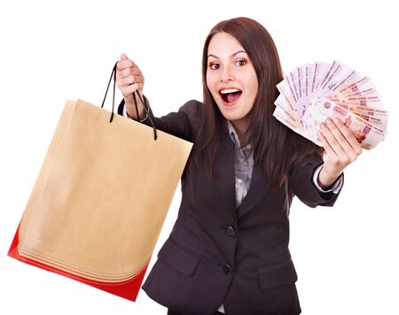 Woman with  money Russian rouble and shopping bag. Isolated.の写真素材