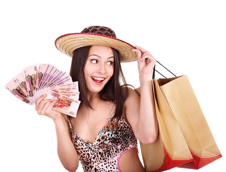 Happy woman with  money and shopping bag.の写真素材