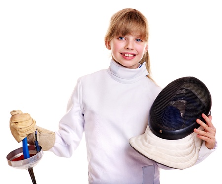 Child in fencing costume holding epee . Isolated.の写真素材