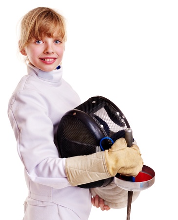 Child in fencing costume holding epee . Isolated.の写真素材