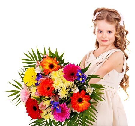 Little girl with spring flower . Isolated.の写真素材