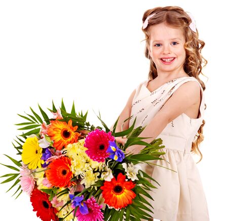 Little girl with spring flower . Isolated.の写真素材