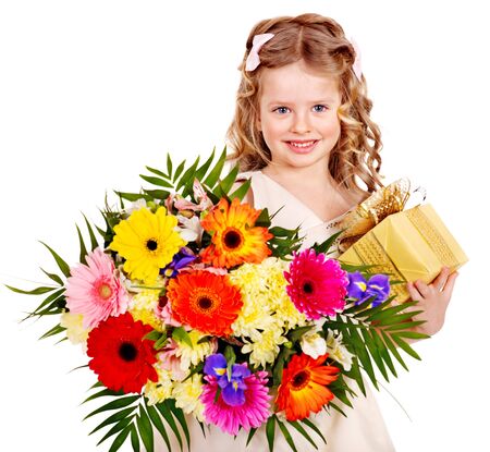 Little girl with spring flower and gift box. Isolated.の写真素材