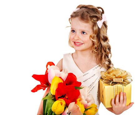 Little girl with spring flower and gift box. Isolated.の写真素材