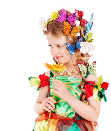 Little girl in spring hairstyle and butterfly. Isolated.の写真素材