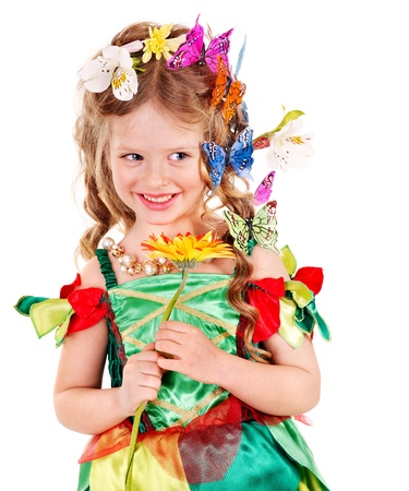 Child with flower and butterfly. Isolated.の写真素材