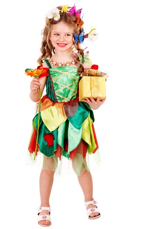 Child with flower and butterfly. Isolated.の写真素材
