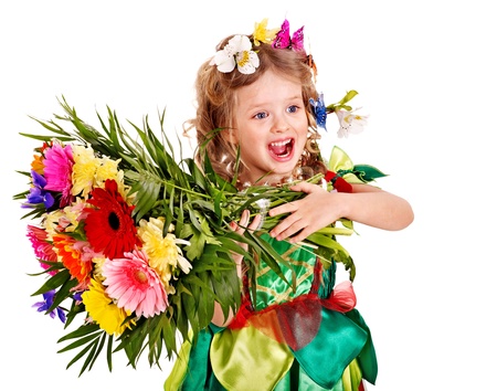 Child with flower and butterfly. Isolated.の写真素材