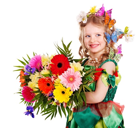 Child with flower and butterfly. Isolated.の写真素材