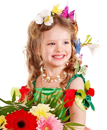 Little girl in spring hairstyle and butterfly. Isolated.の写真素材