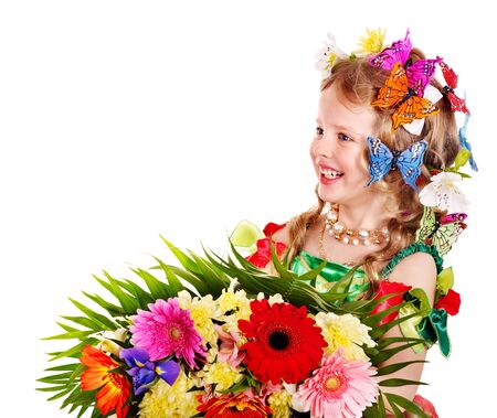 Little girl in spring hairstyle and butterfly. Isolated.の写真素材
