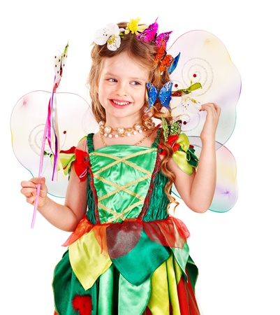 Little girl  with wings holding flower and butterfly. Isolated.の写真素材