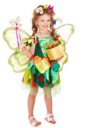 Little girl  with wings holding flower and butterfly. Isolated.の写真素材