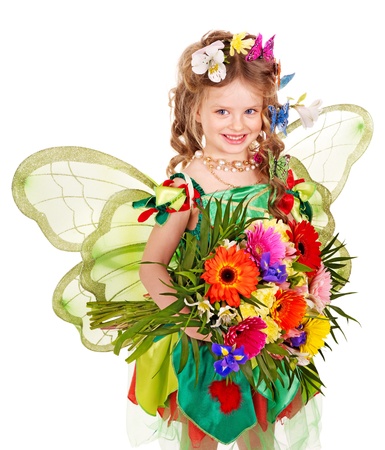 Little girl  with wings holding flower and butterfly. Isolated.の写真素材