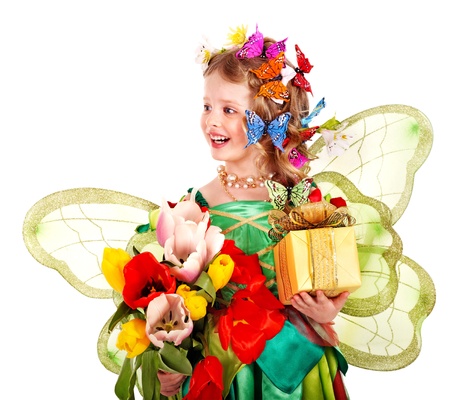 Little girl  with wings holding flower and butterfly. Isolated.の写真素材