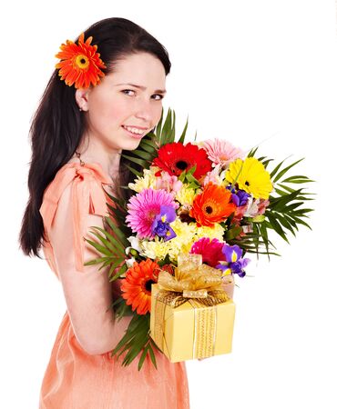 Girl with spring flower and gift box. Isolated.の写真素材