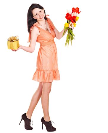 Girl with spring flower and gift box. Isolated.の写真素材