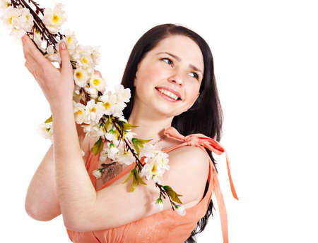  Beautiful girl with spring flower and butterfly. Isolated.の写真素材