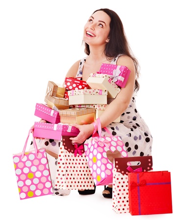 Young woman holding gift box at birthday party.の写真素材