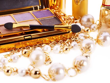 Decorative cosmetics with red lipstick.の写真素材