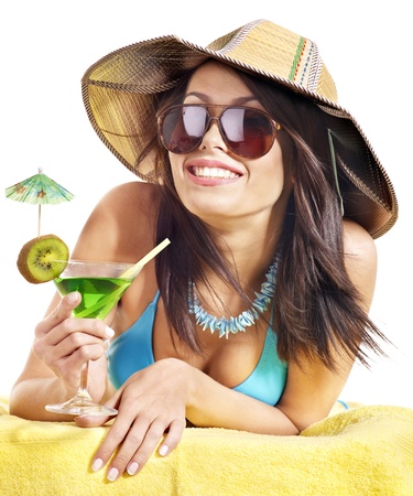 Girl in bikini drink juice through straw. Isolated.の写真素材