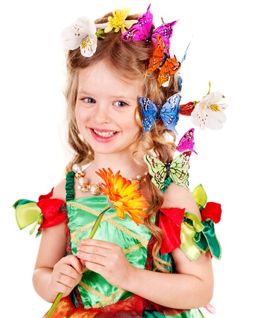 Little girl in spring hairstyle and butterfly. Isolated.の写真素材